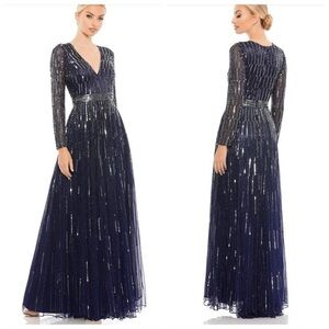 New MAC DUGGAL 4977 V-Neck Sequin Bead Long Sleeve A Line Dress Size 10